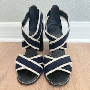 Tory Burch Laurie Criss Cross Elastic High Heel Sandal Navy Blue Size 7